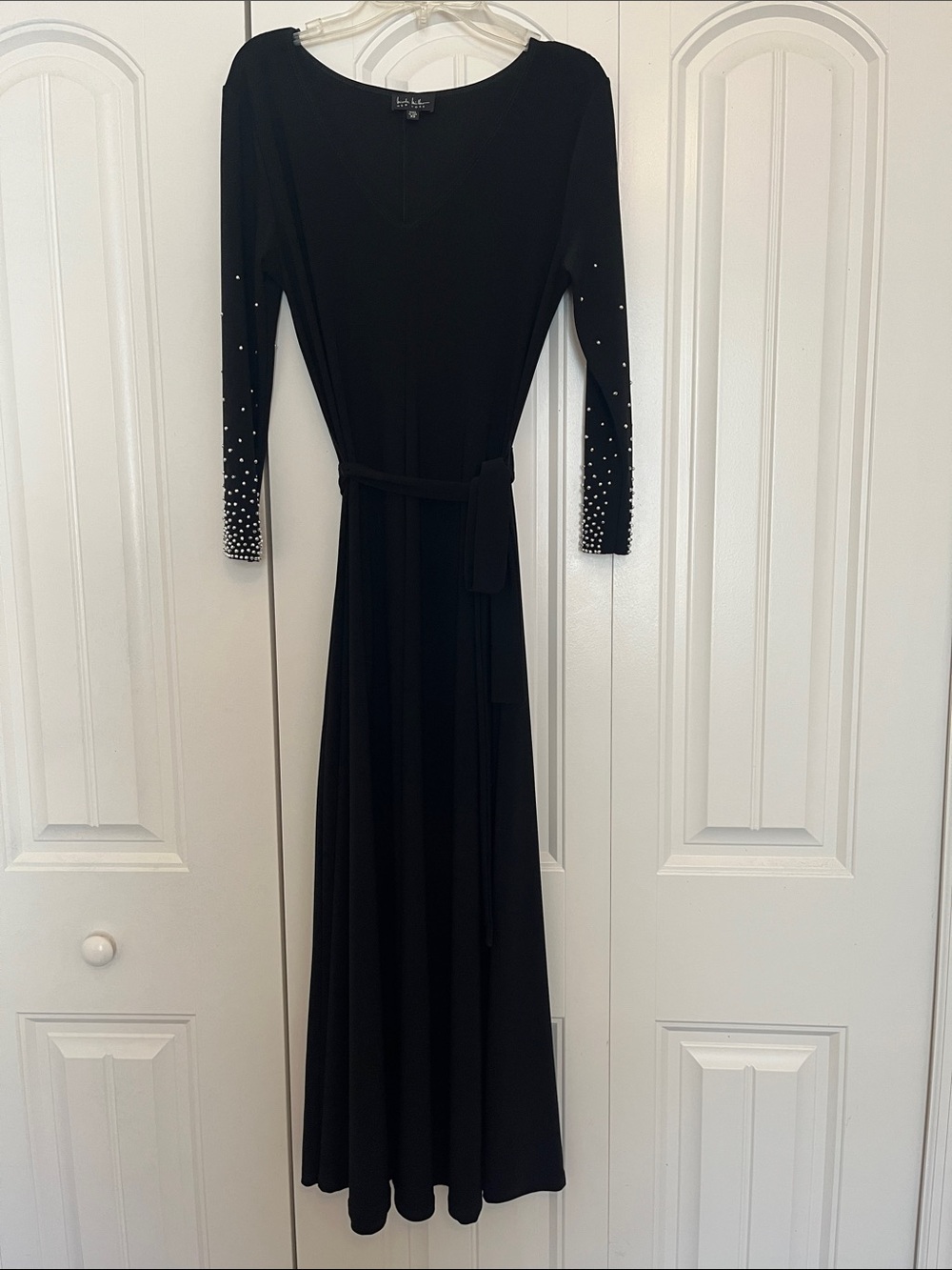 Nicole Miller Black Maxi Dress with Embellished Sleeves